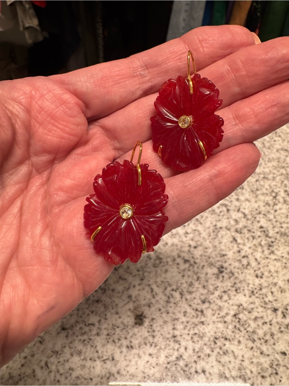 Lizzie Fortunato Poinsetta Red Floral Carved Drop Earrings by